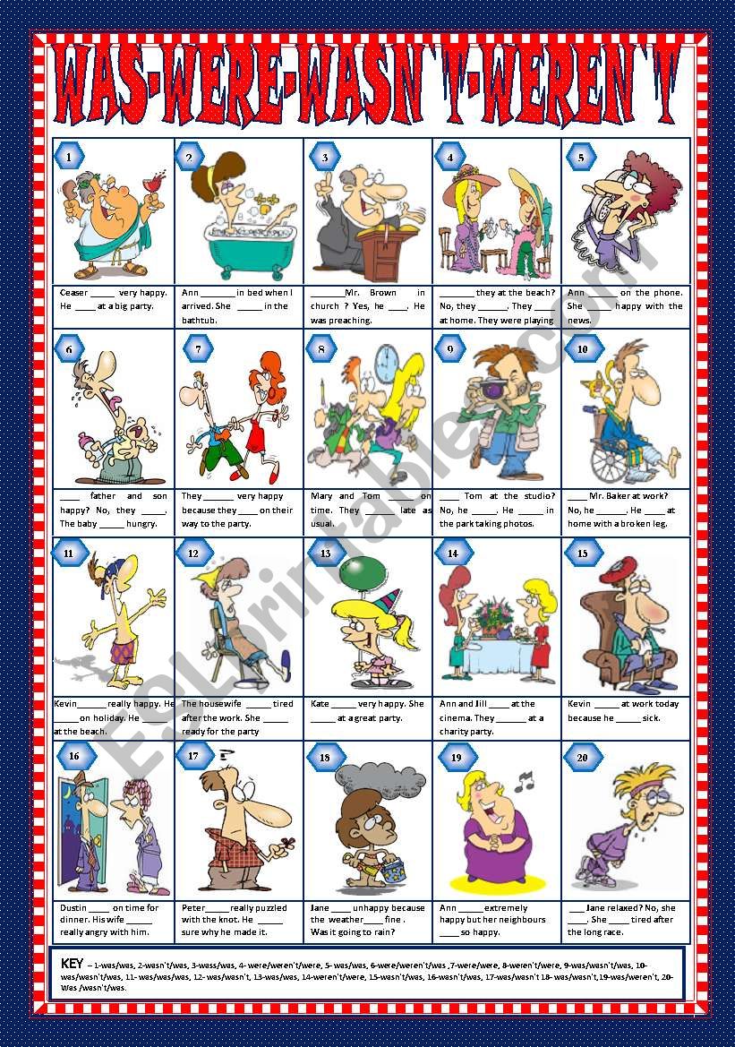 WAS WERE WASN`T WEREN`T (+KEY) FULLY EDITABLE ESL worksheet